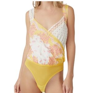 NWT Free People Sweet Thing Mixed Print Faux Wrap Bodysuit in Marigold Combo - M